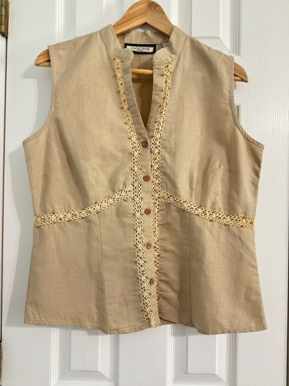 Lemongrass Casuals Linen Cotton Blush Pink Crochet Trim Top Size M - Picture 2 of 11